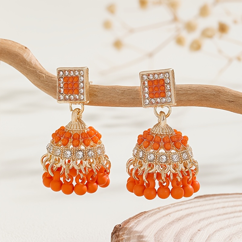 Stylish Jhumka Earrings with Square Designs and Rhinestones